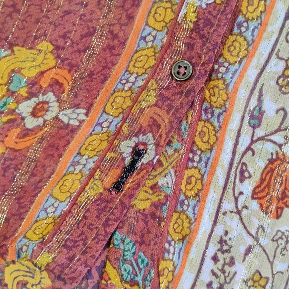 Desigual Boho Moroccan Paisley Sheer Blouse Tie Waist Tassels Button Down Large - Picture 9 of 16